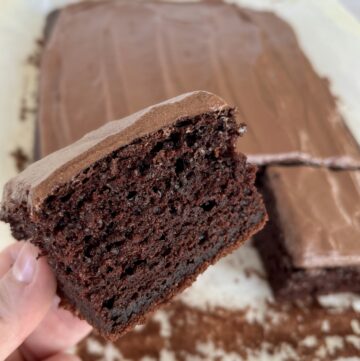 Nærbillede af et stykke svampet chokoladekage med kærnemælk hvor man tydeligt ser den saftige, luftige krumme og det tykke lag chokoladeglasur